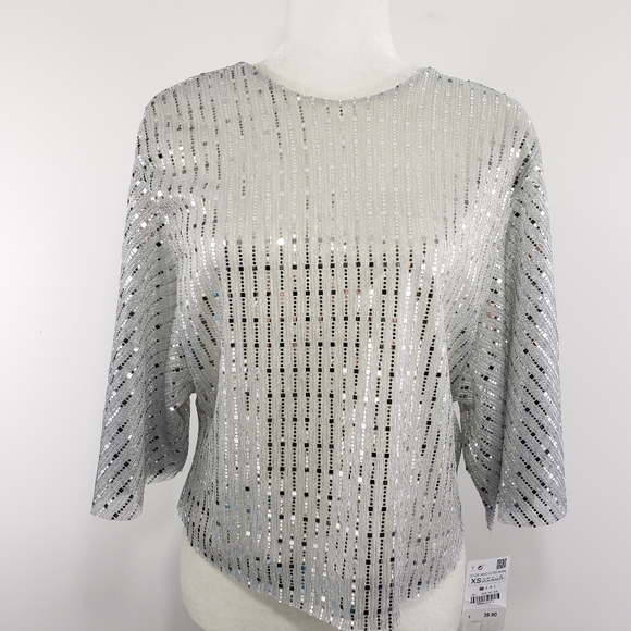 Zara Tops - Zara Silver Sequinned Tie Back Blouse, Size XS